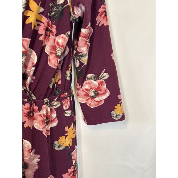 DOWNEAST Dress L Burgundy Wine Fall Fairy Ruffled Floral Cottagecore Faux Wrap - Picture 4 of 13